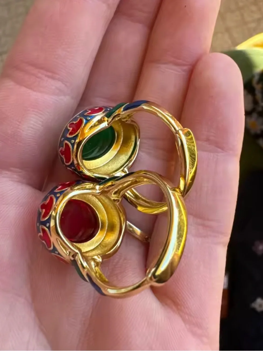 Vintage adjustable Gold-Tone Red Cabochon Multicolor Enamel Statement Ring